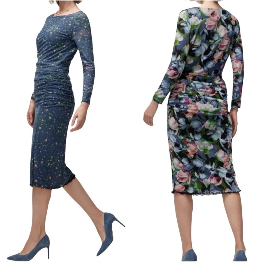 White House Black Market Blue Floral Long Sleeve Reversible Dress Size XS NWOT